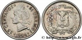 DOMINICAN REPUBLIC
Type : 25 Centavos 
Date : 1944 
Quantity minted : 400000 
Metal : silver 
Millesimal fineness : 900  ‰
Diameter : 24,5  mm
Orienta...