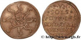 SWITZERLAND - REPUBLIC OF GENEVA
Type : Sol 
Date : 1590 
Mint name / Town : Genève 
Quantity minted : - 
Metal : copper 
Diameter : 22  mm
Orientatio...