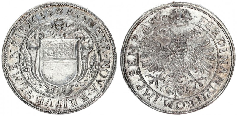 Roman German Empire 1 Thaler 1635 Ulm city. Av.: City sign on an ornate cartouch...