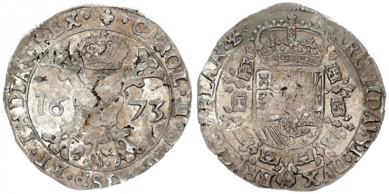 Spanish Netherlands 1 Patagon 1673 Flanders. Av: St. Andrew's cross crown above ...