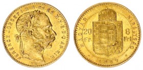 Austrian Empire Hungary 8 Forint 20 Francs 1889 KB Kremnica. Franz Joseph I(1848-1916). Averse: Laureate head right. Reverse: Crowned shield divides v...