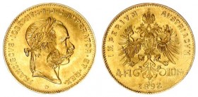 Austrian Empire 4 Florin 10 Francs 1892 Vienna Restrike. Franz Joseph I(1848-1916). Averse: Laureate head right heavy whiskers. Reverse: Crowned imper...
