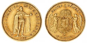 Austrian Empire Hungary 10 Korona 1898 KB Kremnica. Franz Joseph I(1848-1916). Averse: Emperor standing. Reverse: Crowned shield with angel supporters...
