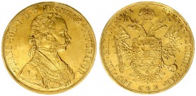 Austrian Empire 4 Ducat 1911 Vienna. Franz Joseph I(1848-1916). Averse: Laureate armored bust right. Reverse: Crowned imperial double eagle. Gold. Fru...