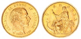 Denmark 10 Kroner 1900(h) VBP HC Christian IX(1863-1906). Averse: Head right. Reverse: Seated figure left with shield and porpoise. Gold. KM 790.2