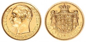 Denmark 10 Kroner 1909(h) VBP GJ Frederik VIII( 1906-1912). Averse: Head left with titles. Reverse: Draped crowned national arms above date value mint...