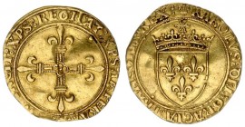 France 1 Ecu d'or (1494/1498) Perpignan. Charles VIII (1483-1498) au soleil undated (1494/1498) Perpignan. Av.; Crowned coat of arms under sun. Rv.: L...