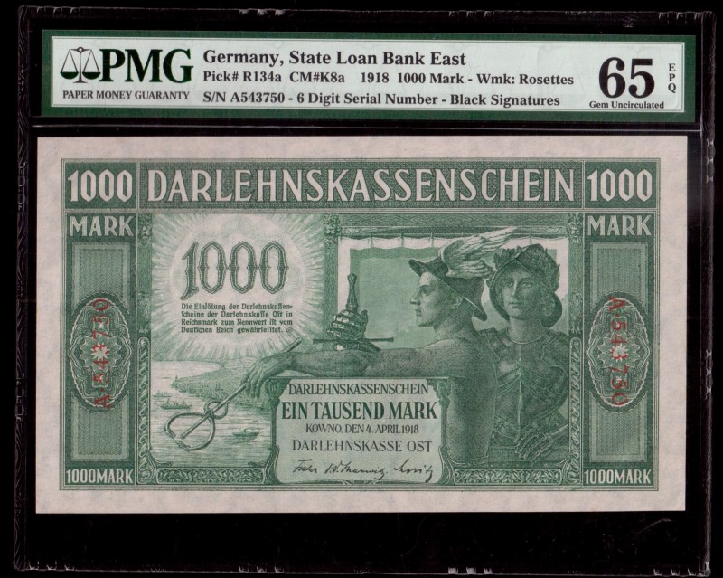 GERMANY WWI - LITHUANIA - KOWNO (KAUNAS) Banknote 1000 MARK 1918. PMG 65. P# R13...