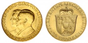 Liechtenstein 25 Franken 1956 Bern. Prince Franz Josef II(1938-1989). Averse legend: FRANZ. JOSEF. UND. GINA. VON. LIECHTENSTEIN.// 1956. Averse descr...
