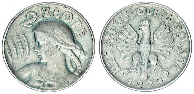 Poland 2 Zlote 1925 (Philadelphia) Without privy marks. Averse: Crowned eagle wi...