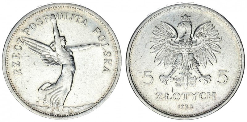 Poland 5 Zlotych 1928 Warsaw. Averse: Crowned eagle with wings open. Reverse: Wi...