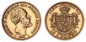 Sweden 10 Kronor 1876 EB Oscar II(1872-1907). Averse: Head right. Averse Legend: OCH replaces "O" in royal title. Reverse: Crowned mantled arms Gold. ...