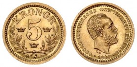 Sweden 5 Kronor 1899 EB Oscar II(1872-1907). Averse: Head right. Averse Legend: OSCAR II SVERIGES... Reverse: Value 3 crowns above sprigs. Gold. KM 75...