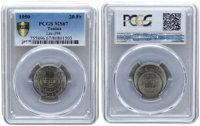 Tunis 20 Francs 1950. Muhammad VIII. PCGS MS67. Copper-nickel