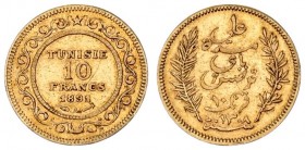 Tunisia 10 Francs 1308/1891 A. Paris. Ali III ibn al-Husayn (1882-1902). Averse: Legend flanked by sprigs. Averse Legend: ALI. Reverse: Value date in ...