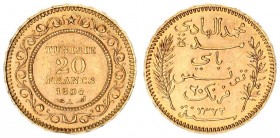 Tunisia 20 Francs 1322/1904 A Paris. Muhammad al-Hadi Bey (1902-1906). Averse: Inscription within sprigs. Averse Legend: MUHAMMAD AL-HADI. Reverse: Va...