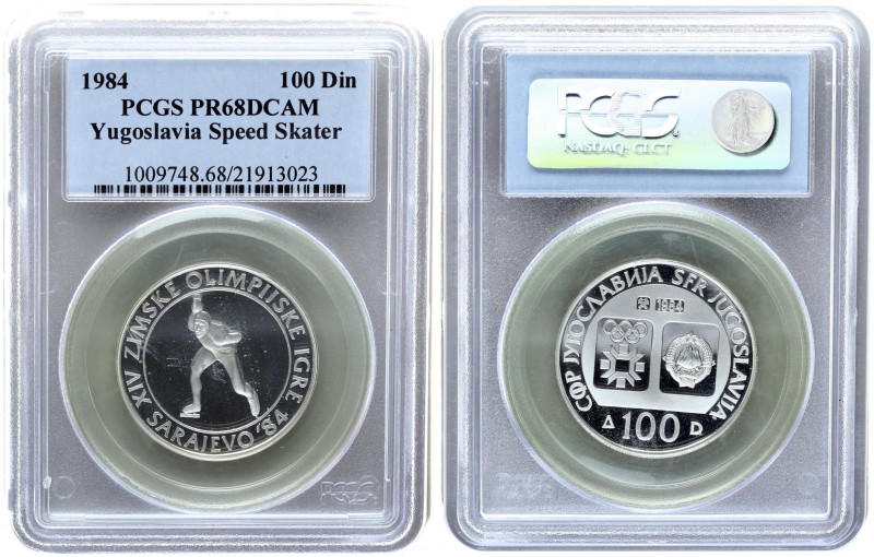 Yugoslavia 100 Dinara 1984.Winter Olympics 1984 - Speed Skating. PCGS PR 68 DCAM...