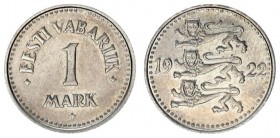 Estonia Republic 1 Mark 1922. Averse: Three leopards left divide date. Reverse: Denomination. Edge Description: Milled. Copper-Nickel. KM 1
