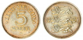 Estonia Republic 5 Marka 1924. Averse: Three leopards left divide date. Reverse: Denomination. Edge Description: Milled. Nickel-Bronze. KM 3a