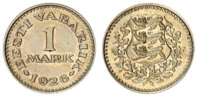 Estonia Republic 1 Mark 1926. Averse: National arms within wreath. Reverse: Denomination. Edge Description: Milled. Nickel-Bronze KM 5