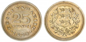 Estonia Republic 25 Senti 1928. Averse: National arms wreath surrounds. Reverse: Denomination above date. Nickel-Bronze. KM 9