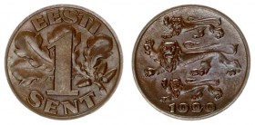 Estonia Republic 1 Sent 1929. Averse: Three leopards left above date. Reverse: Denomination oak leaves in background. Edge Description: Plain. Bronze....