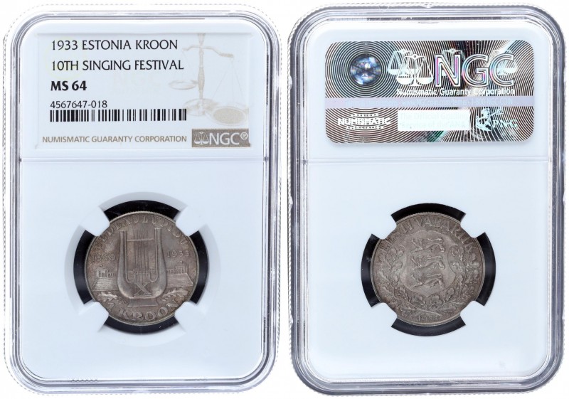 Estonia 1 Kroon 1933. 10th National Song Festival. NGC MS 64. Silver. KM# 14