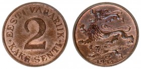 Estonia Republic 2 Senti 1934. Averse: Three leopards left above date. Reverse: Denomination. Edge Description: Plain. Bronze. KM 15