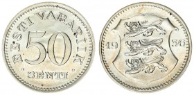 Estonia Republic 50 Senti 1936. Averse: National arms divide date. Reverse: Denomination. Edge Description: Plain. Nickel-Bronze. KM 18