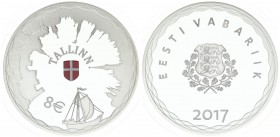 Estonia 8 Euro 2017. Hansalinn Tallinn. Silver. 28.28gr. Mintage: 5000. (With box and certificate)