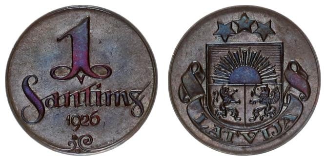 Latvia Republic 1 Santims 1926. Averse: National arms above ribbon. Reverse: Val...