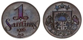 Latvia Republic 1 Santims 1926. Averse: National arms above ribbon. Reverse: Value and date. Edge Description: Plain. Bronze. KM 1