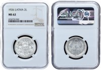 Latvia Republic 2 Lati 1926. Averse: Arms with supporters. Reverse: Value and date within wreath. Edge Description: Milled. Silver. KM 8. NGC MS 62