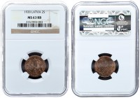 Latvia 2 Santims 1928. Obv: National arms above ribbon. Rev: Value and date. NGC MS 63 RB. Copper . KM#2
