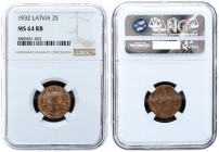 Latvia 2 Santims 1932. Obv: National arms above ribbon. Rev: Value and date. NGC MS 64 RB. Copper . KM#2