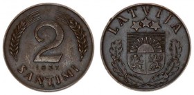 Latvia Republic 2 Santimi 1937. Averse: National arms above sprigs. Reverse: Value flanked by sprigs above date. Edge Description: Plain. Bronze. KM 1...
