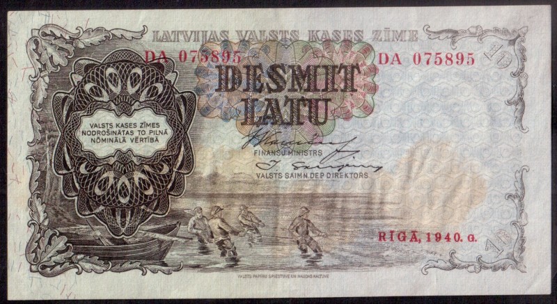 Latvia 10 Latu banknote 1940. DA 075895. P# 29e