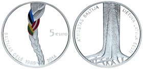 Latvia 5 Euro 2014. Baltic Way. Silver. 22gr. Mintage: 10000. (With box and certificate) KM# 160