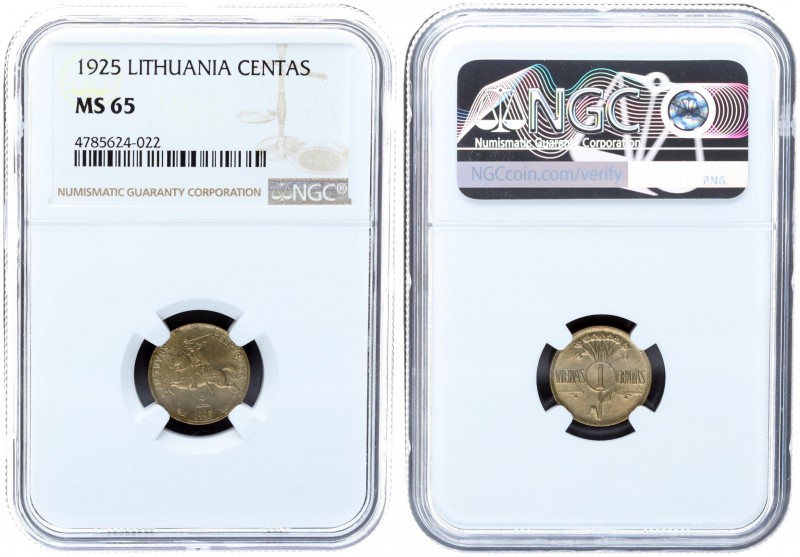 Lithuania 1 Centas 1925. Obv: National arms and date. Rev: Value within circle d...