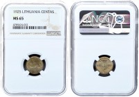 Lithuania 1 Centas 1925. Obv: National arms and date. Rev: Value within circle divides stem of flowers. NGC MS 65. Aluminium-bronze. KM# 71
