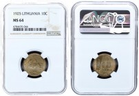 Lithuania 10 Centai 1925. Obv: National arms and date. Rev: Value to right of sagging grain ears. NGC MS 64. Aluminium-bronze. KM# 73