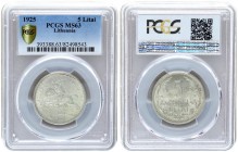 Lithuania 5 Litai 1925 .Obv: National arms and date. Rev: Value within flowered wreath. PCGS MS 63. Silver. KM# 78