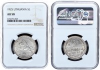 Lithuania Republic 5 Litai 1925. Averse: National arms. Reverse: Value within flowered flax wreath. Edge Description: Milled. Silver. KM 78. NGC AU 58