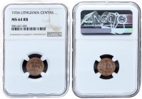Lithuania 1 Centas 1936. First Republic (1925 - 1938). NGC MS 64 RB. Bronze. KM# 79