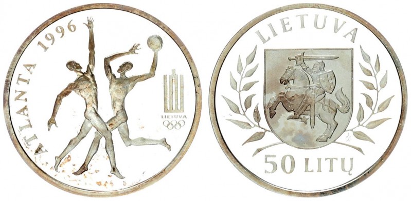 Lithuania 50 Litu 1996 LMK Proof. Averse: National arms flanked by sprigs. Rever...