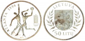 Lithuania 50 Litu 1996 LMK Proof. Averse: National arms flanked by sprigs. Reverse: ATLANTA 1996 Basketball players. Edge Lettering: CITIUS. ALTIUS. F...