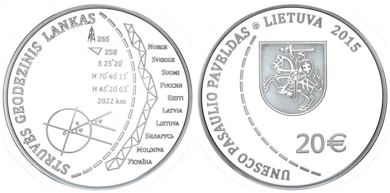 Lithuania 20 Euro 2015. Struve Geodetic Arc. Silver. 28.28gr. Mintage: 3000. (Wi...