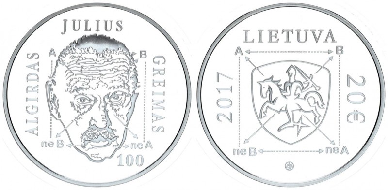 Lithuania 20 Euro 2017. 100th of anniversary Algirdas Julien Greimas. Silver. 28...