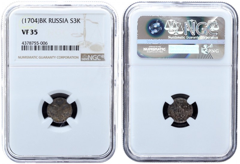 Russia 3 Kopecks 1704. Peter I (1699-1725). NGC VF 35. Bitkin# 1162 ( R )