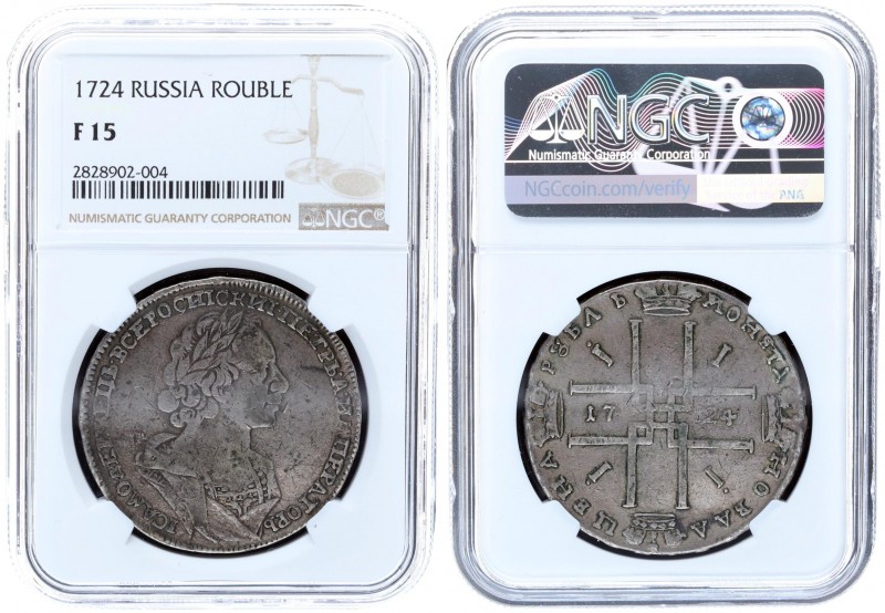 Russia 1 Rouble 1724. Peter I (1699-1724). Silver. NGC F 15